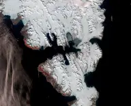 Satellite mosaic of rugged snow-covered islands divided by dark fjords, with glaciers flowing from white interior ice fields toward the coast.