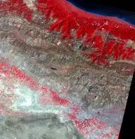 False-color satellite view of parallel folded mountain ridges, with vivid red forested northern slopes fading into a gray arid basin to the south.
