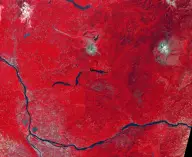 False-color satellite view of a volcanic cone with a breached horseshoe-shaped crater, pale debris zone, and dark lake amid red forest.