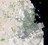 Satellite view of a dense gray city spreading around a deeply curved dark bay on an otherwise pale desert peninsula.