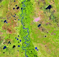 False-color satellite view of a highly sinuous blue river crossing green lowlands dotted with many crescent-shaped oxbow lakes.